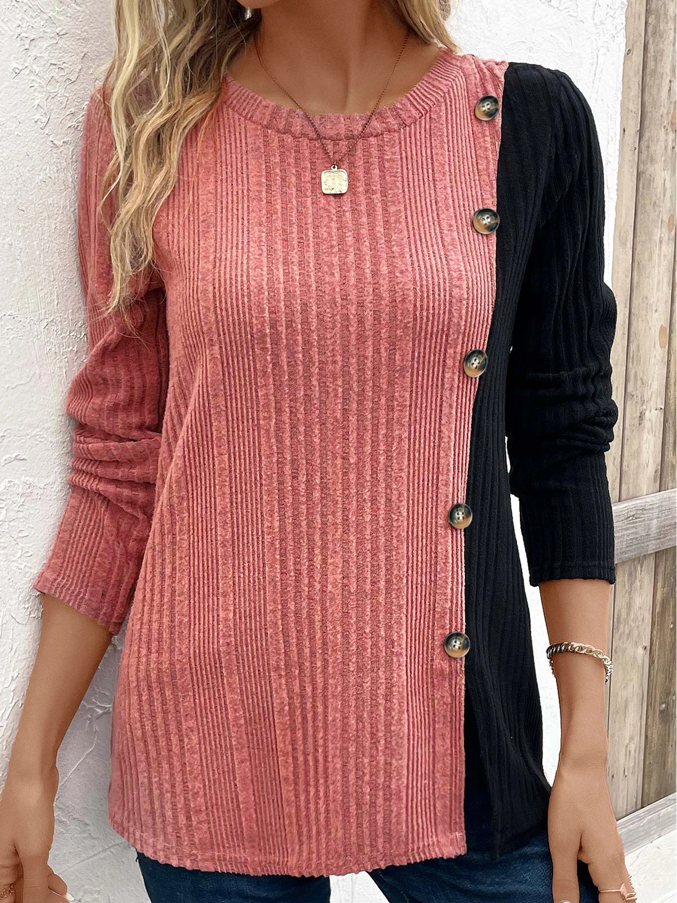 Ribbed Colorblock Button Decor T-Shirt，Casual Long Sleeve Top For Spring & Fall，Women's Clothing